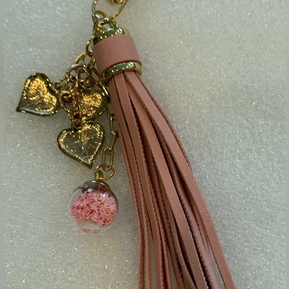 Blush Pink Tassel Keychain w/Glitter Hearts & Sprinkle Globe Charm -New -Unique - Picture 5 of 8
